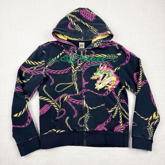 Vintage Ed Hardy Kids Hoodie Girl's Black Pink Skull Zip Up Sweatshirt Large